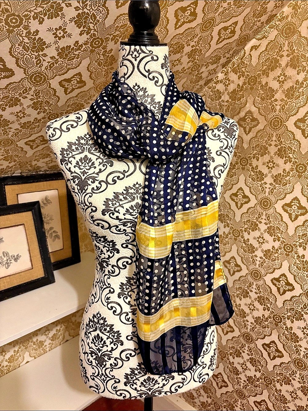 Vintage Opportunities 100% Silk Scarf Made in Italy Navy Yellow Polka Dot